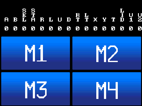 Screenshot of the bottom DS screen when running the software. Displays four buttons and a list of letters showing which buttons are pressed.