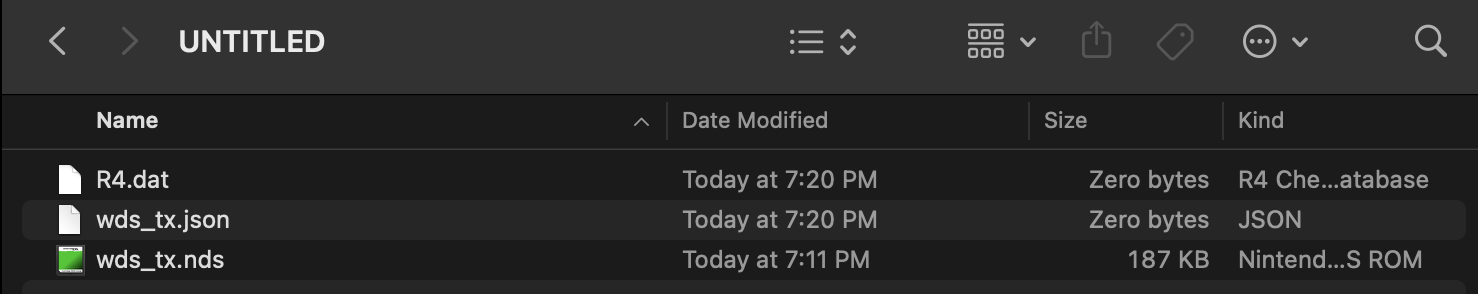 Screenshot of a file explorer at the root of an SD card with three files wds_tx.config, wds_tx.nds, and R4.dat